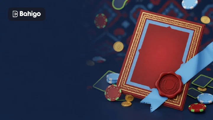 Cremefarbene Urkunde mit rotem Wachssiegel, daneben Spielchips und Karten auf dunklem Hintergrund