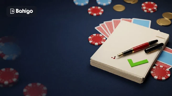 Dokumentenstapel mit Füllfederhalter und grünem Häkchen, daneben Spielchips auf dunklem Tisch